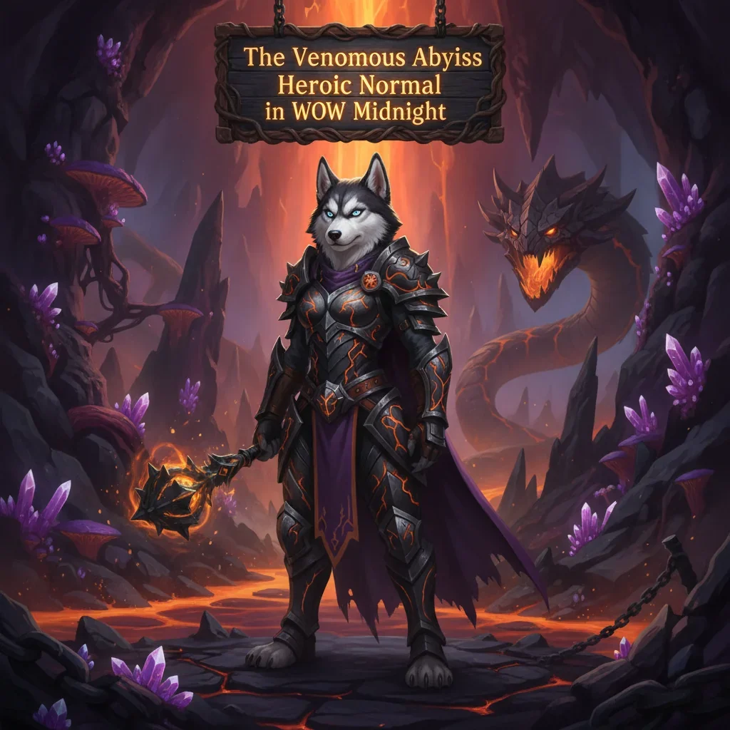 Fantasy artwork of an anthropomorphic Husky in heroic armor within a dark, venomous abyss. It represents WoW Midnight's endgame challenges and objectives.