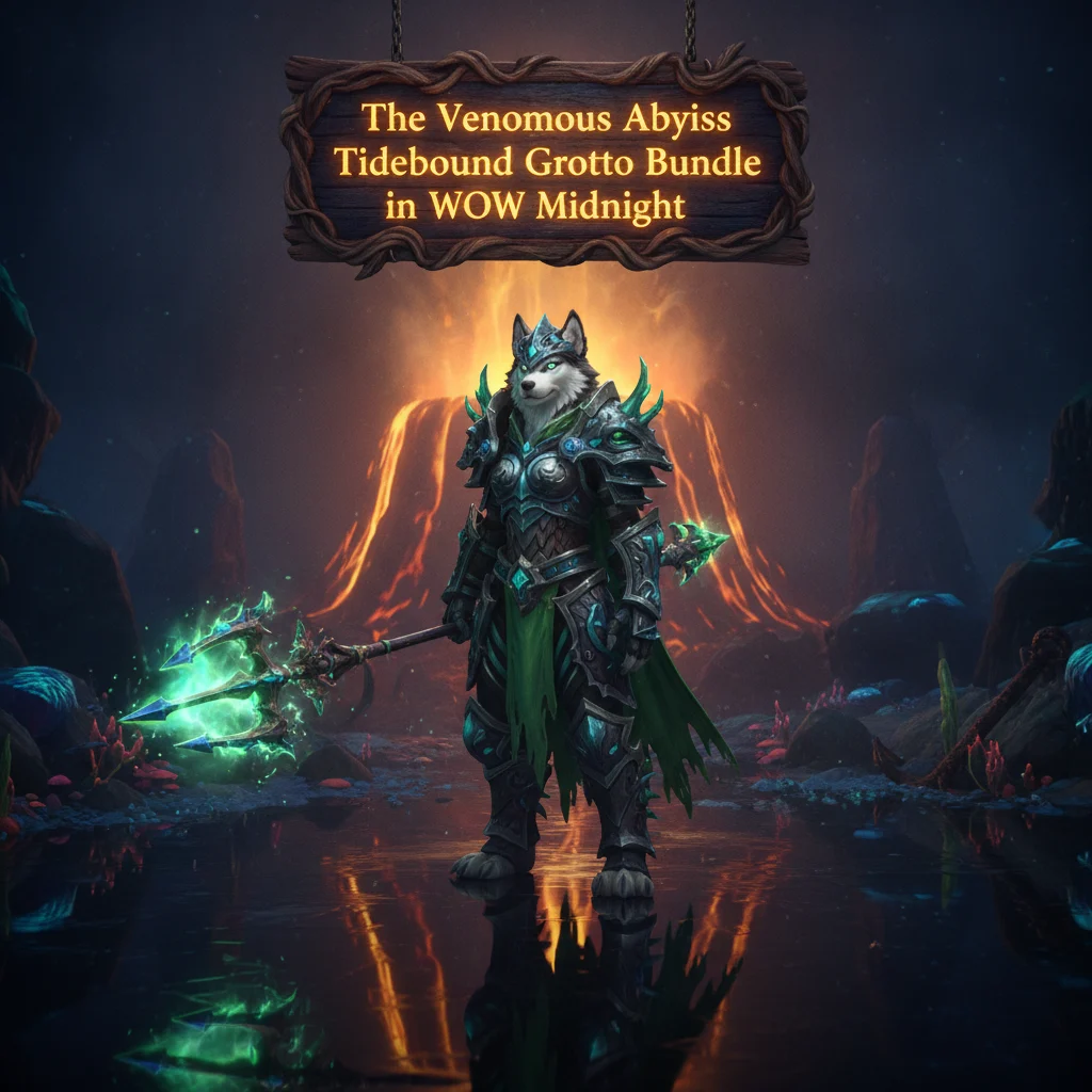 Promotional image for The Venomous Abyss Tidebound Grotto Bundle Boost in WoW Midnight, showing the product service theme.