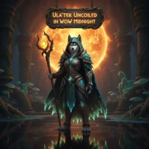Fantasy artwork depicting a colossal, glowing serpentine entity uncoiling amidst ancient ruins under a celestial, midnight sky. A lone hero stands before it, absorbing its mystical power, surrounded by swirling arcane energies.
