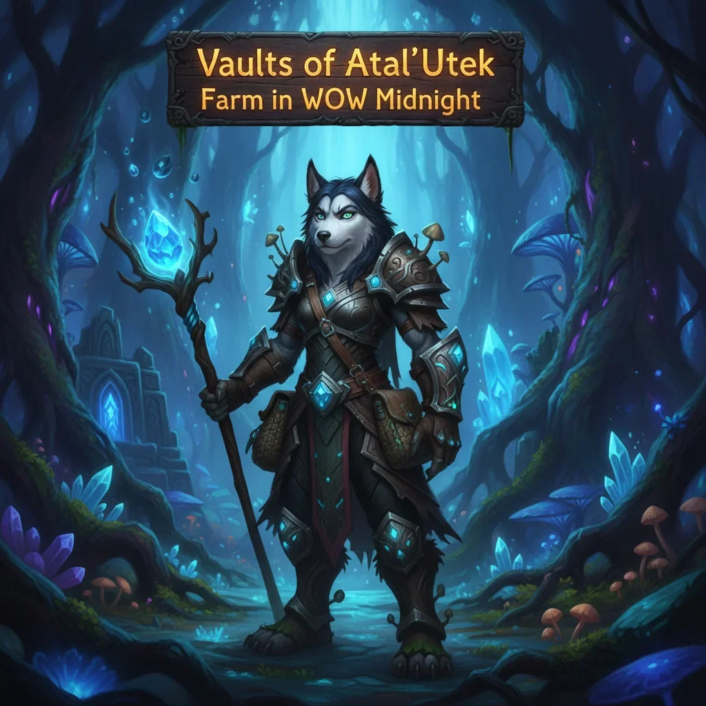 Anthropomorphic Husky character in fantasy gear, artwork themed around 'Vaults of Atal’Utek' farming objectives in WoW Midnight.