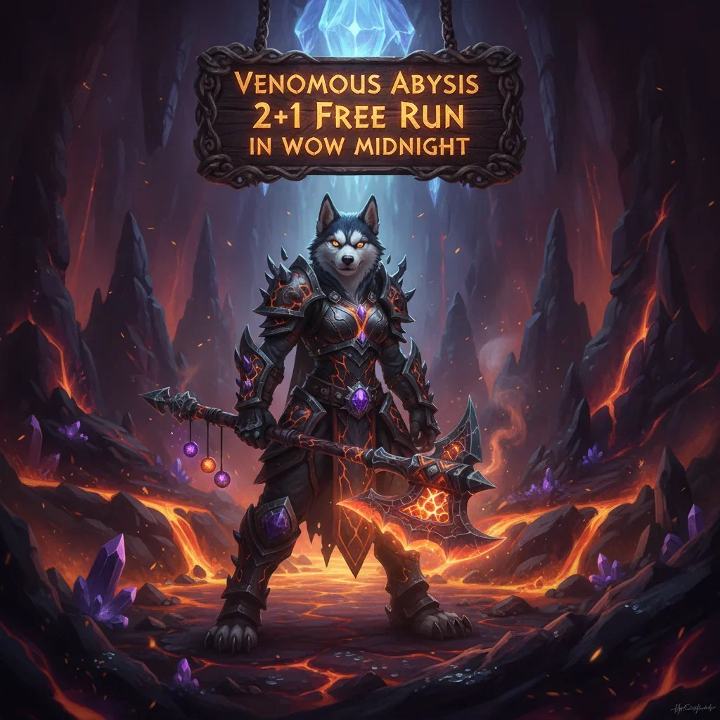Fantasy artwork depicting an anthropomorphic Husky in dark armor within a venomous abyss, inspired by challenging endgame content and run objectives in a dark fantasy game.