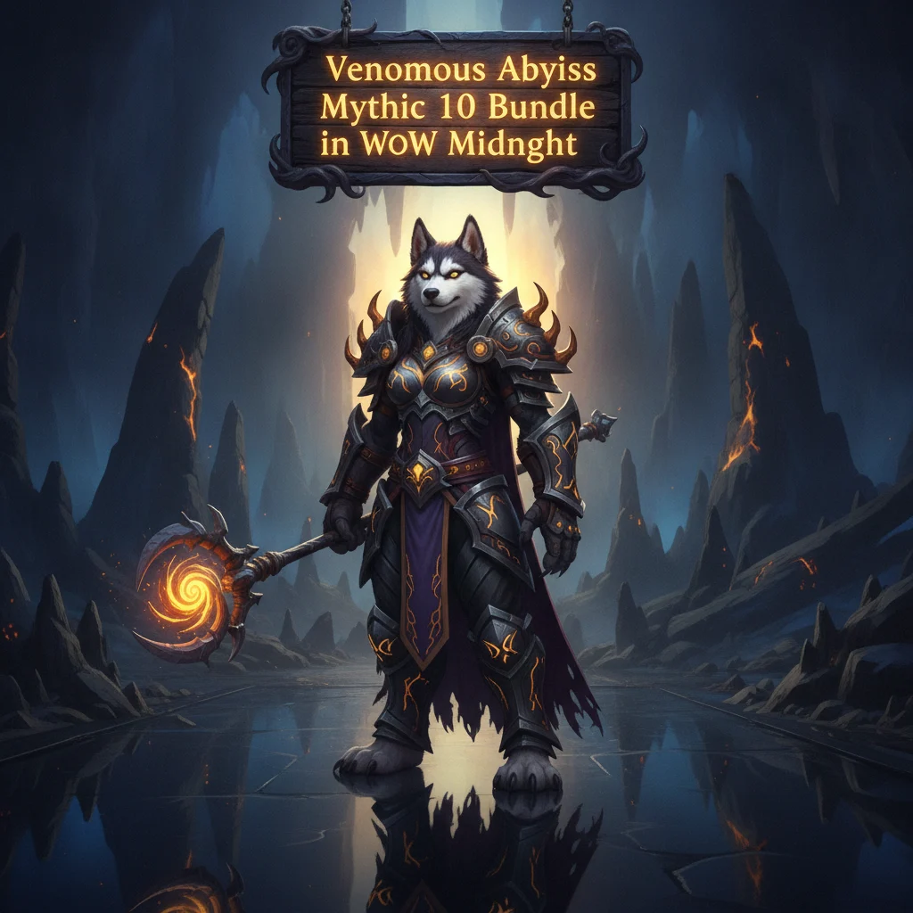 A hero in glowing dark fantasy armor confronts a serpentine abyss creature amidst poisonous mist, illustrating power and success in a high-tier game challenge from a bundled boost.