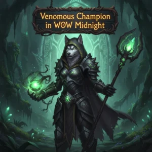 Anthropomorphic husky character in detailed fantasy armor, representing a venomous champion's power within the WoW Midnight game setting.