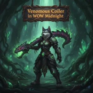 Fantasy artwork inspired by a Venomous Coiler boost in the WoW Midnight setting, featuring an anthropomorphic Husky character in heroic attire within a dark, enchanted environment, representing game content objectives.