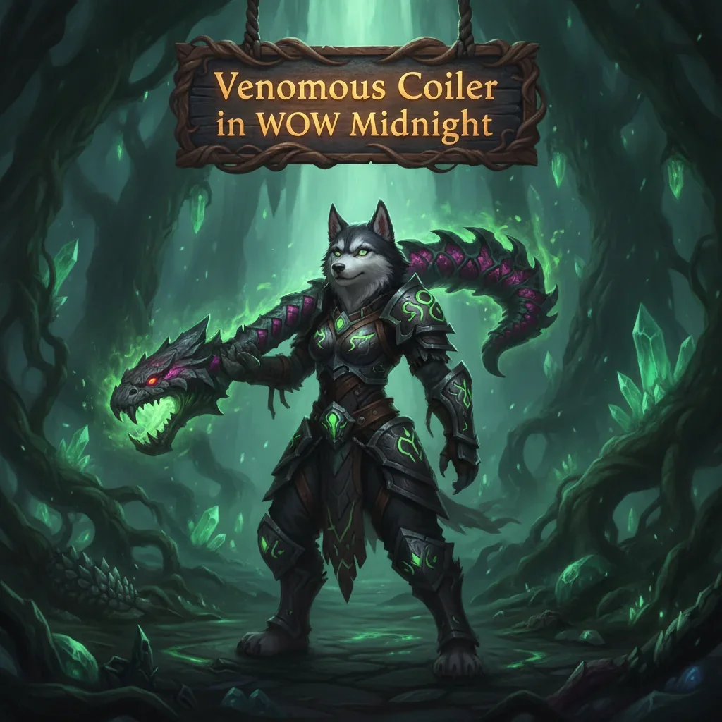 Fantasy artwork inspired by a Venomous Coiler boost in the WoW Midnight setting, featuring an anthropomorphic Husky character in heroic attire within a dark, enchanted environment, representing game content objectives.