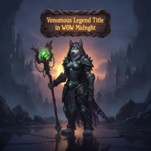 A dark fantasy champion, adorned in serpentine-themed armor, stands victorious in a moonlit, mystical landscape. Green and purple energies, like venom, glow around them, signifying a legendary achievement.