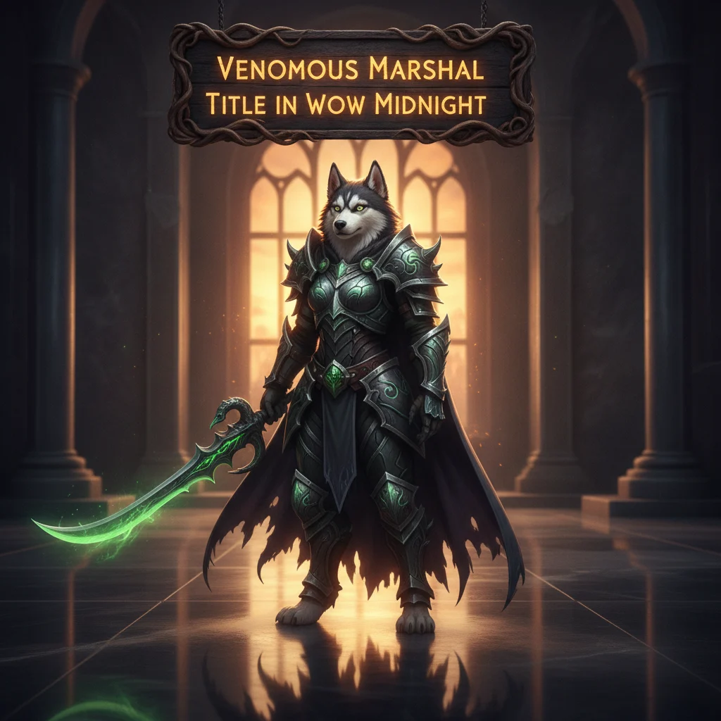 Promotional artwork showcasing the prestigious Venomous Marshal in-game title, set against a dark, expansive fantasy world under a midnight sky, featuring symbols of power and achievement.