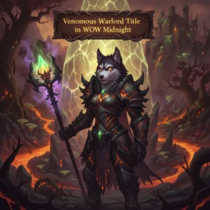 Stylized depiction of a powerful, armored fantasy warlord, emphasizing venomous attributes and a dark, mystical setting, illustrating the acquisition of an elite character title and rank boost.