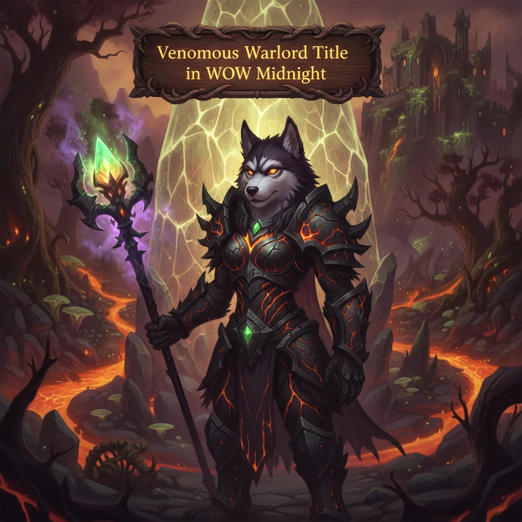Stylized depiction of a powerful, armored fantasy warlord, emphasizing venomous attributes and a dark, mystical setting, illustrating the acquisition of an elite character title and rank boost.