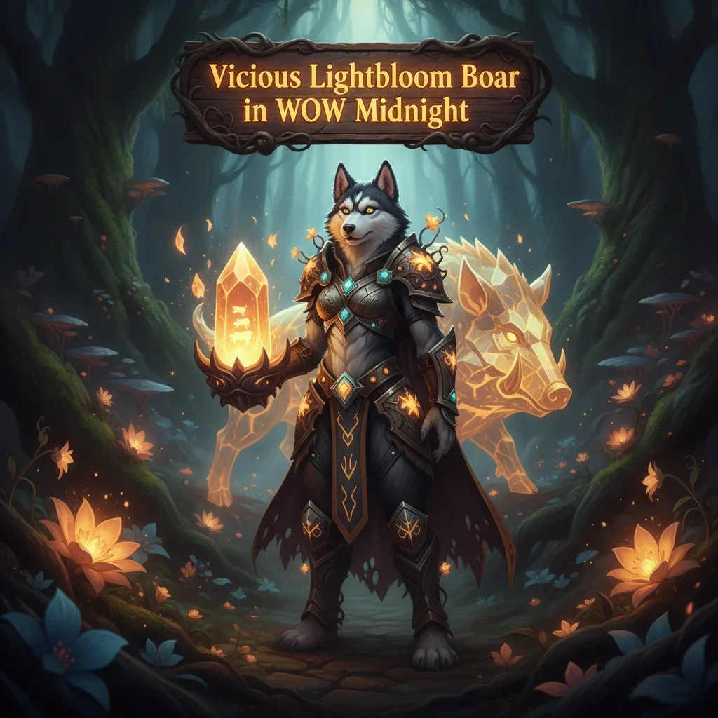 Fantasy artwork featuring an anthropomorphic Husky character in an ornate fantasy outfit, representing a Vicious Lightbloom Boar challenge in WoW Midnight content.