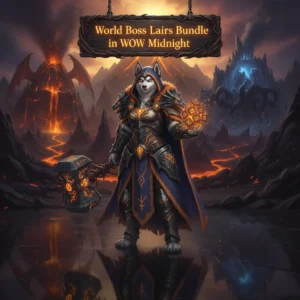 Artwork depicting a colossal, menacing world boss monster in a dimly lit, ancient lair. Heroic player characters, wielding glowing weapons and magic, stand against it. Epic combat unfolds with bright magical effects and a sense of immense scale under a dark, mystical sky.