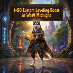 Promotional image for the 1-90 Custom Leveling Boost service in WoW Midnight