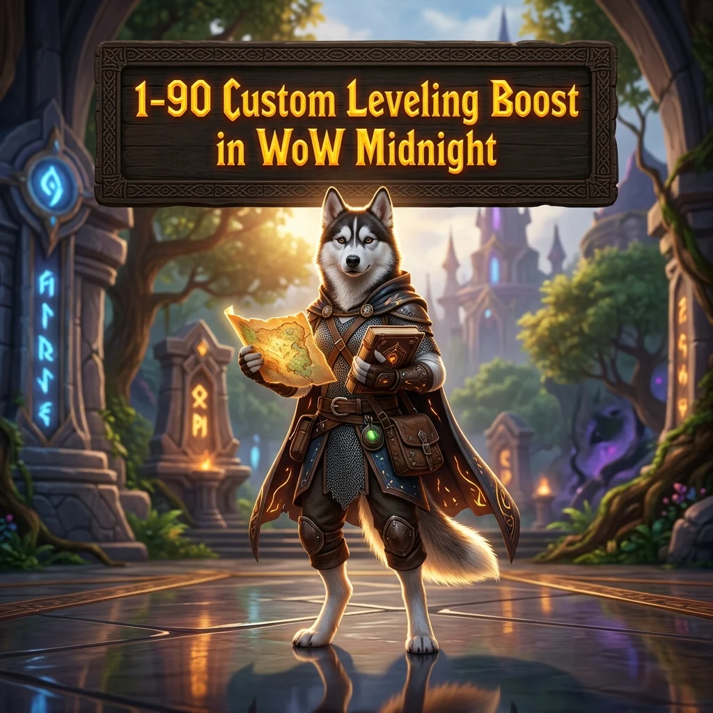 Promotional image for the 1-90 Custom Leveling Boost service in WoW Midnight