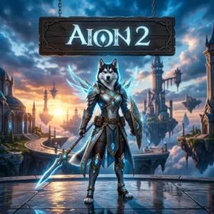Game-themed promotional artwork for AION 2 boosting services, featuring an upright female Husky and a top offer sign.