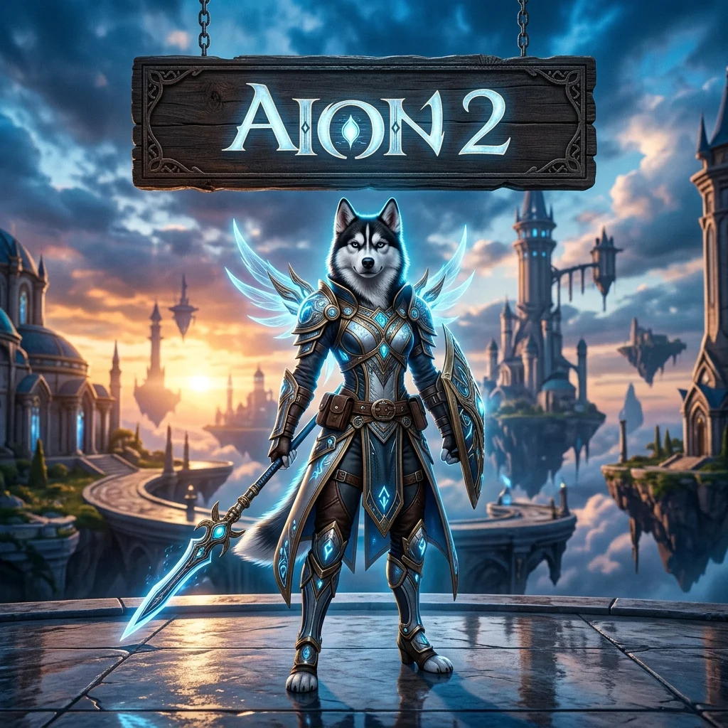 Game-themed promotional artwork for AION 2 boosting services, featuring an upright female Husky and a top offer sign.
