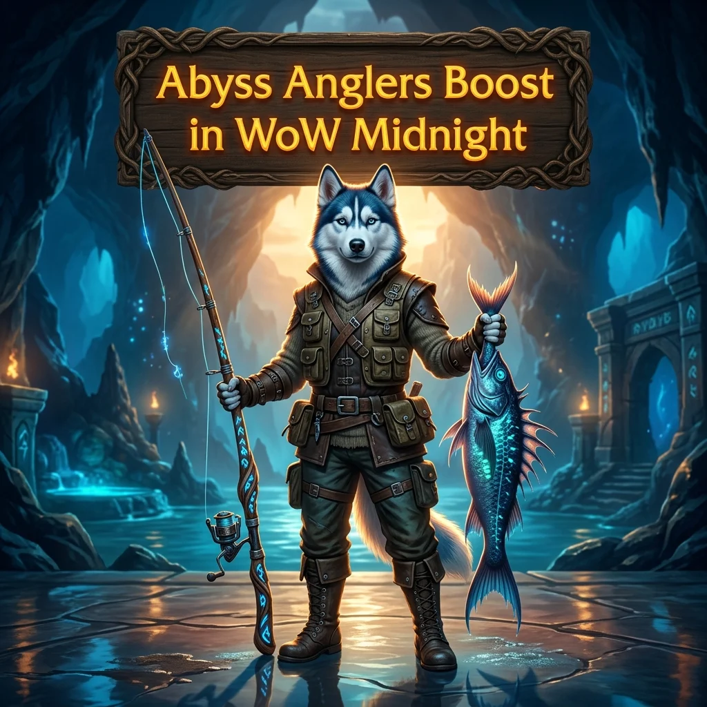 Promotional image for the Abyss Anglers Boost service in the WoW Midnight game