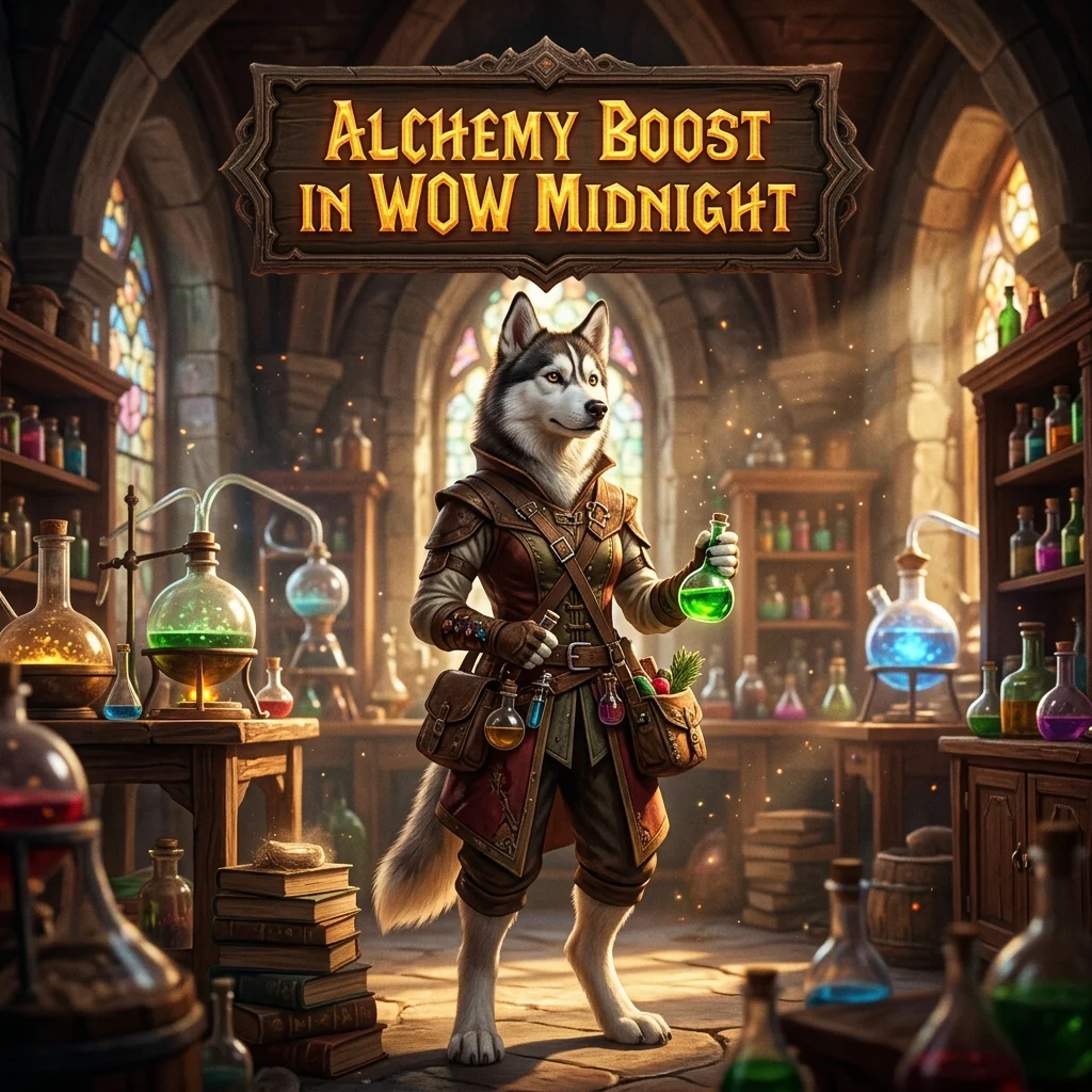 Promotional image for the Alchemy Boost service in WoW Midnight, representing the product offering