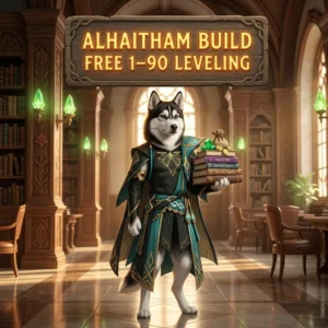 Promotional image for the Alhaitham Build Free 1–90 Leveling Boost service in Genshin Impact.