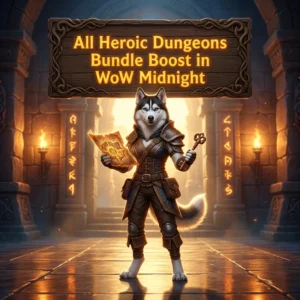 Promotional image for the All Heroic Dungeons Bundle Boost in WoW Midnight service.