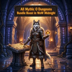 Promotional image for the All Mythic 0 Dungeons Bundle Boost service in WoW Midnight.