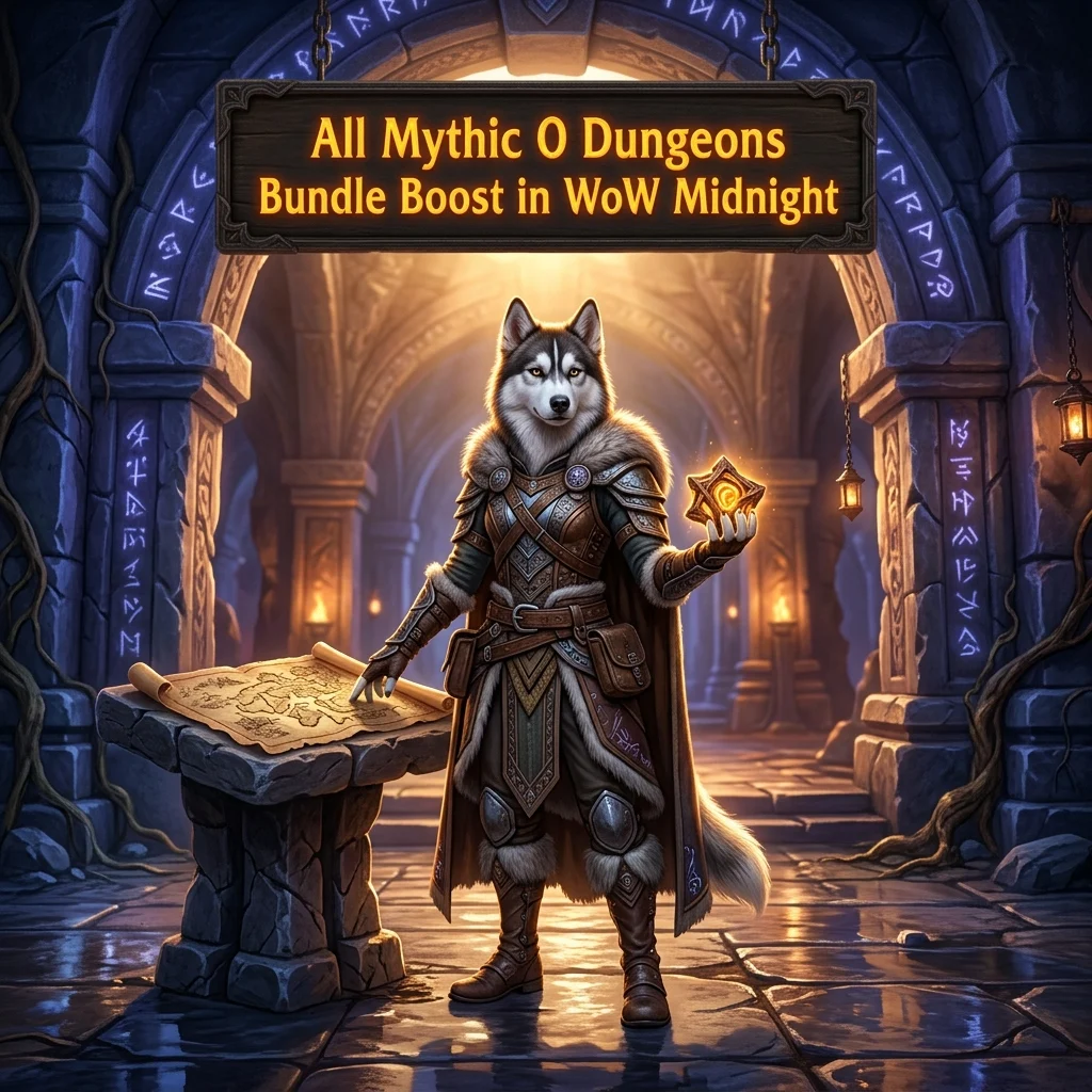 Promotional image for the All Mythic 0 Dungeons Bundle Boost service in WoW Midnight.