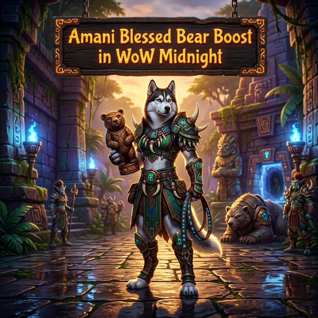 Promotional image for the Amani Blessed Bear Boost service in WoW Midnight