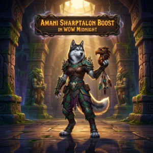 Promotional image for the Amani Sharptalon Boost service in WoW Midnight.
