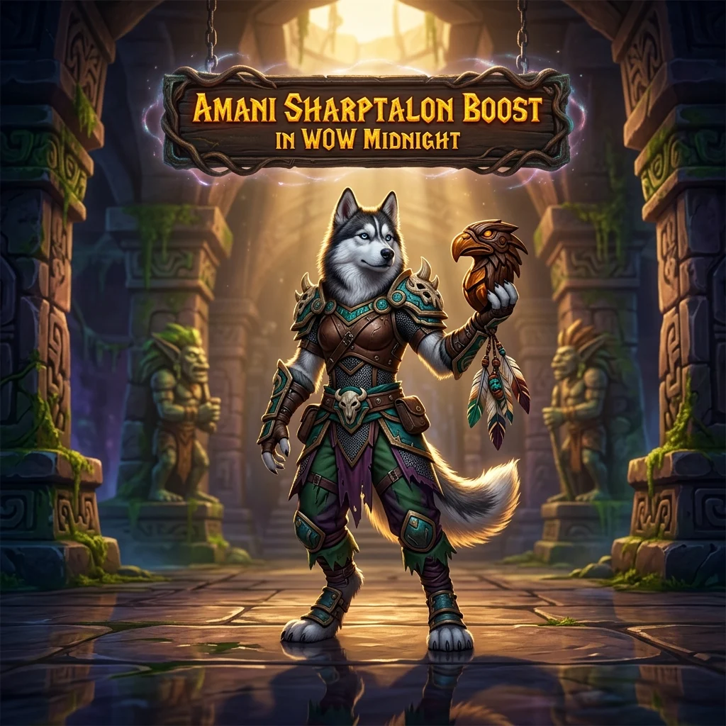 Promotional image for the Amani Sharptalon Boost service in WoW Midnight.