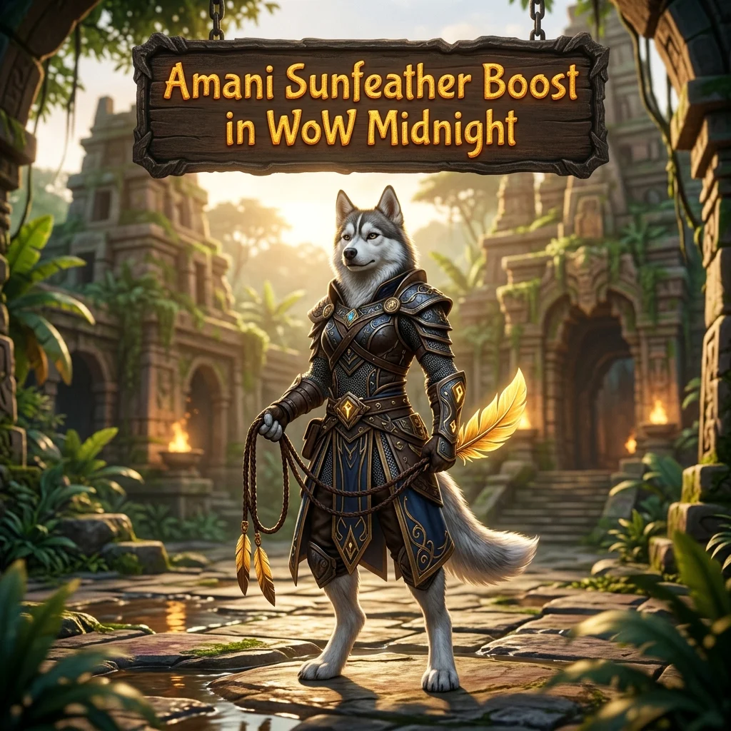 Promotional image for the Amani Sunfeather Boost service in WoW Midnight