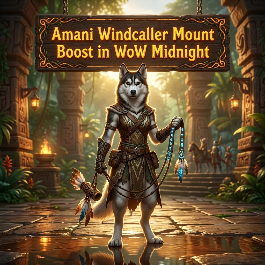 Promotional image for the Amani Windcaller Mount Boost service in WoW Midnight.