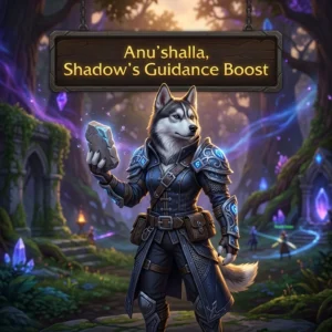 Promotional image for the Anu’shalla, Shadow’s Guidance Boost service in WoW Midnight.