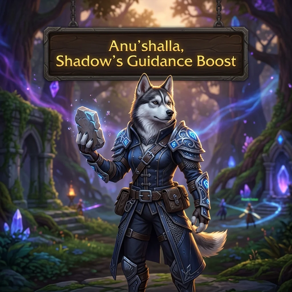 Promotional image for the Anu’shalla, Shadow’s Guidance Boost service in WoW Midnight.