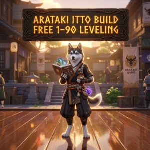 Promotional image for the Arataki Itto Build Free 1–90 Leveling Boost service in Genshin Impact.