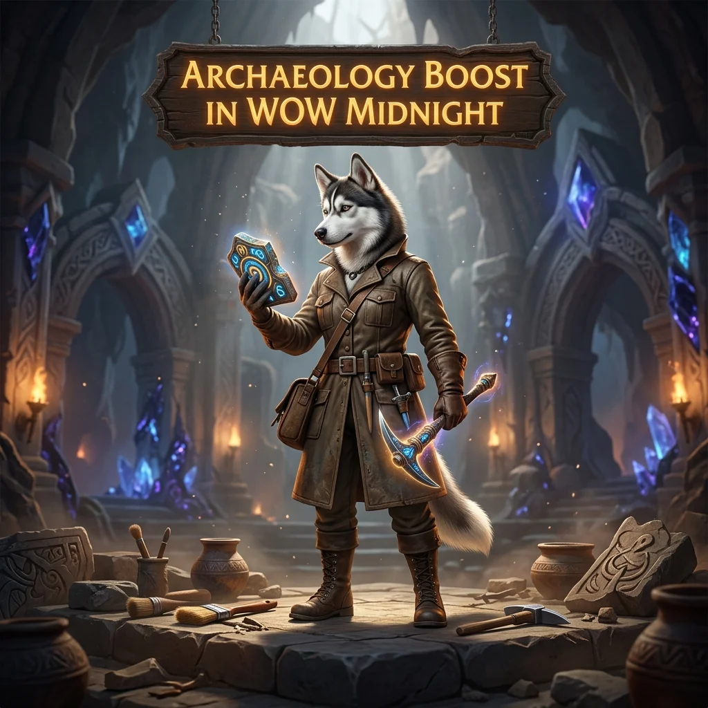Promotional image representing the Archaeology Boost in WoW Midnight service for World of Warcraft.