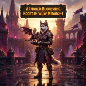 Promotional image for the Armored Bloodwing Boost service in WoW Midnight