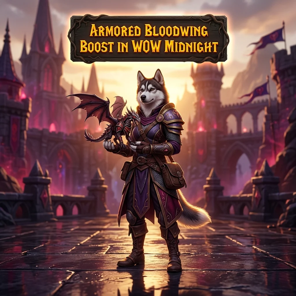 Promotional image for the Armored Bloodwing Boost service in WoW Midnight