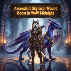 Promotional image for the Ascendant Skyrazor Mount Boost service in WoW Midnight