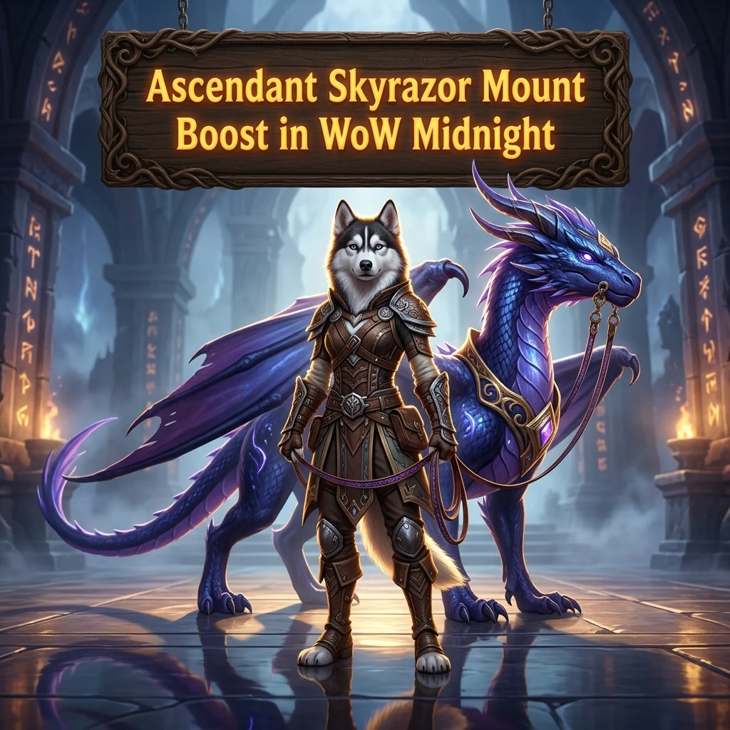 Promotional image for the Ascendant Skyrazor Mount Boost service in WoW Midnight