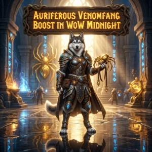 Promotional image for the Auriferous Venomfang Boost service in World of Warcraft: Midnight
