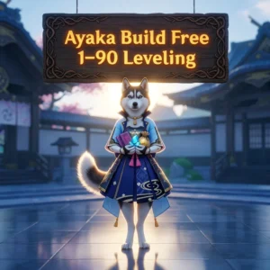 Promotional image for the Ayaka Build Free 1–90 Leveling Boost in Genshin Impact service.