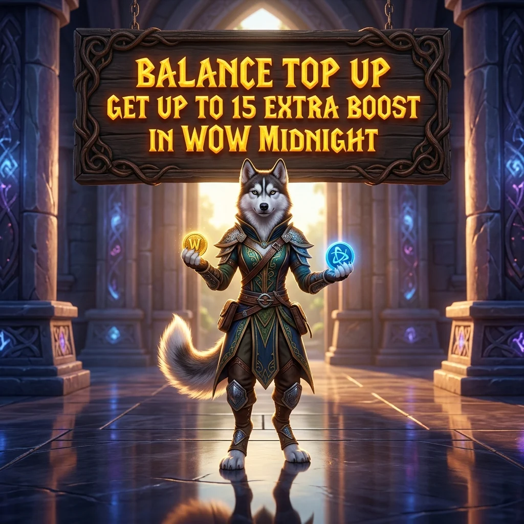 Promotional image for Balance Top Up with up to 15 extra boost in WoW Midnight.