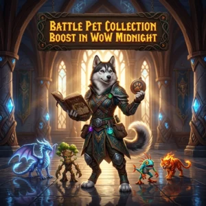 Promotional image for the Battle Pet Collection Boost service in WoW Midnight.