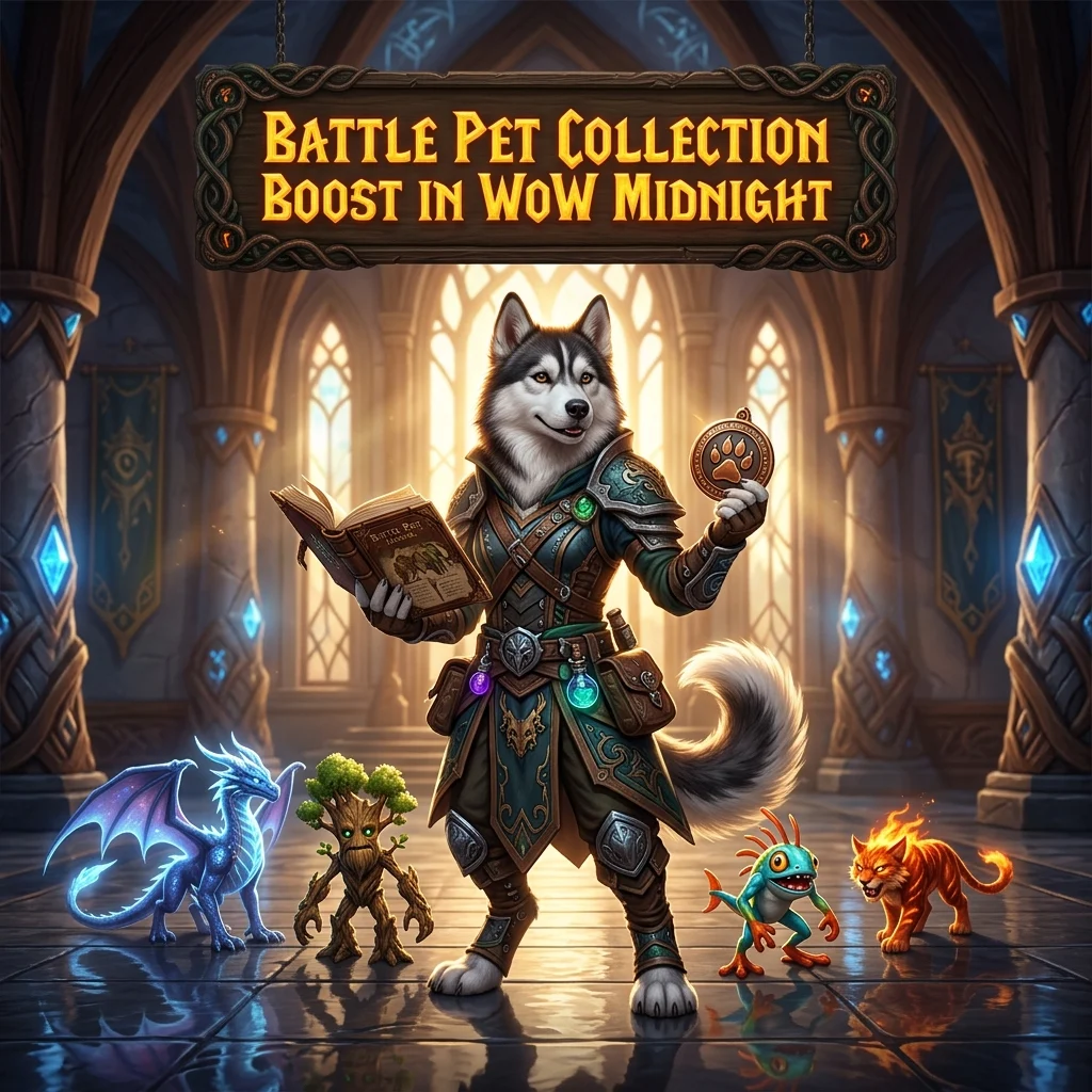 Promotional image for the Battle Pet Collection Boost service in WoW Midnight.