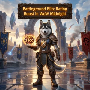 Promotional image for the Battleground Blitz Rating Boost service in World of Warcraft: Midnight