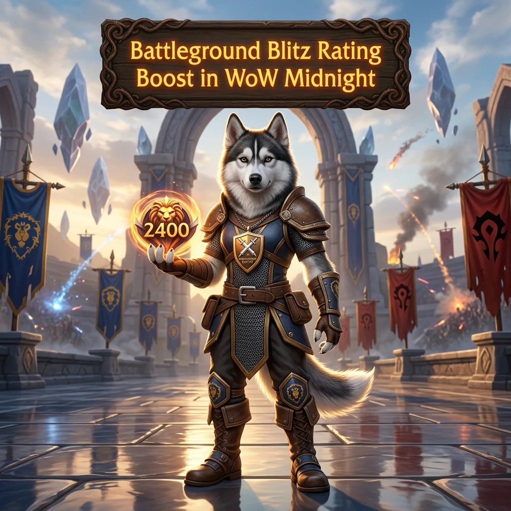 Promotional image for the Battleground Blitz Rating Boost service in World of Warcraft: Midnight