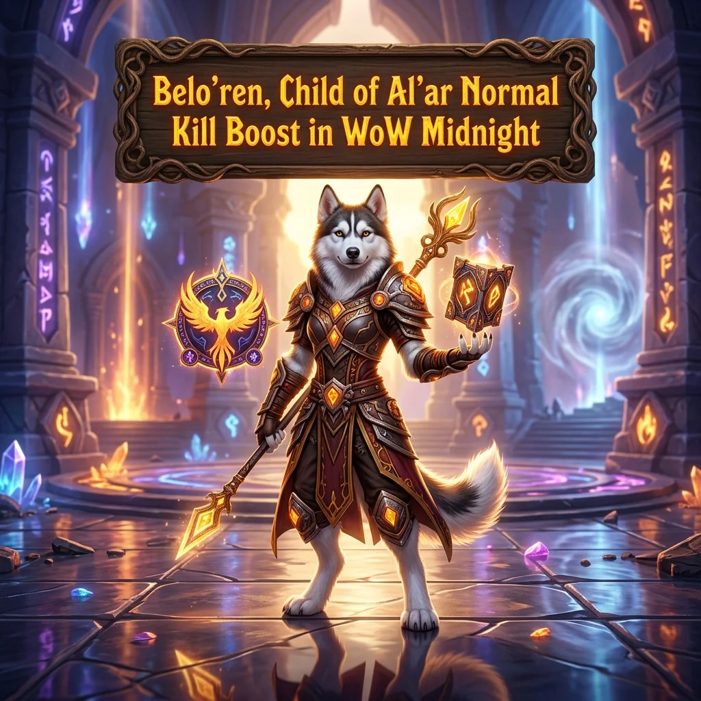 Promotional image for the Belo’ren, Child of Al’ar Normal Kill Boost service in World of Warcraft: Midnight.