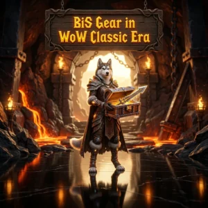 Promotional image for a BiS Gear Boost service in WoW Classic Era, focused on best-in-slot gear progression