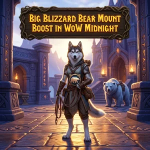 Promotional image for the Big Blizzard Bear Mount Boost service in WoW Midnight.