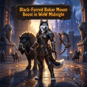 Promotional image for the Black-Furred Bakar Mount Boost in WoW Midnight service