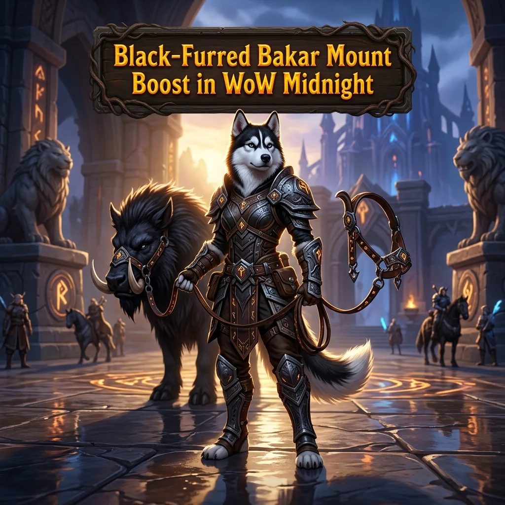 Promotional image for the Black-Furred Bakar Mount Boost in WoW Midnight service